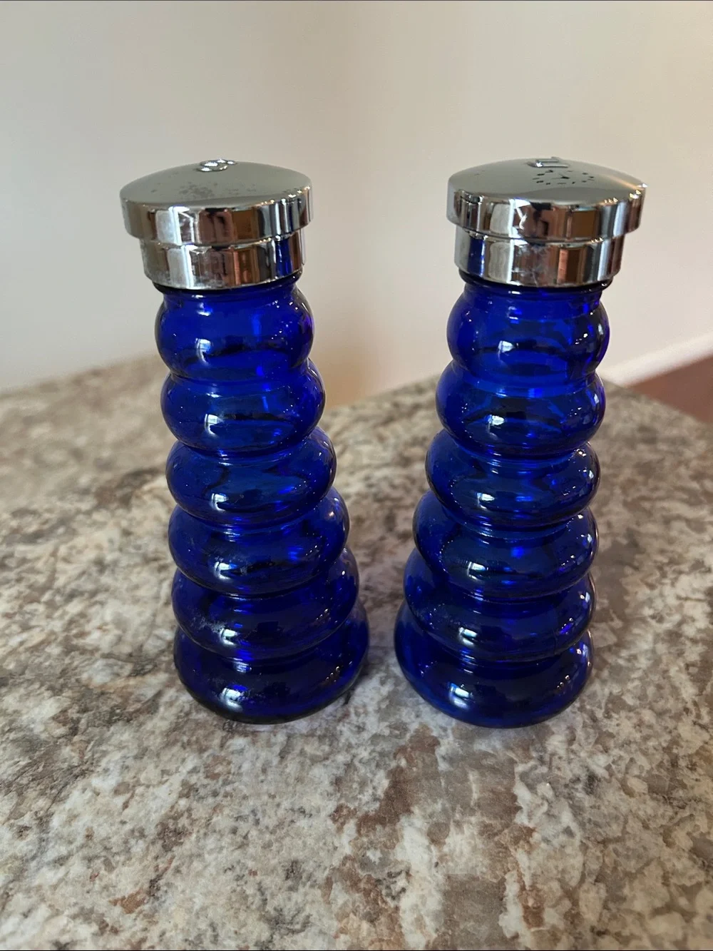 Cobalt Blue Glass Pepper and Salt Shakers with Silver Tops